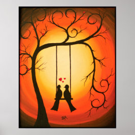 Póster Naranja y puesta de sol negra con pájaros