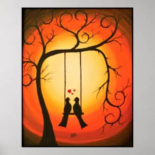 Póster Naranja y puesta de sol negra con pájaros