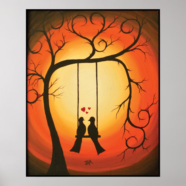 Póster Naranja y puesta de sol negra con pájaros (Frente)