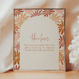 Póster Naranja y Rótulo de Favor del Bebé con Floral Rosa