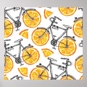 Póster Naranjas de bicicleta: Patrón de verano acuarela