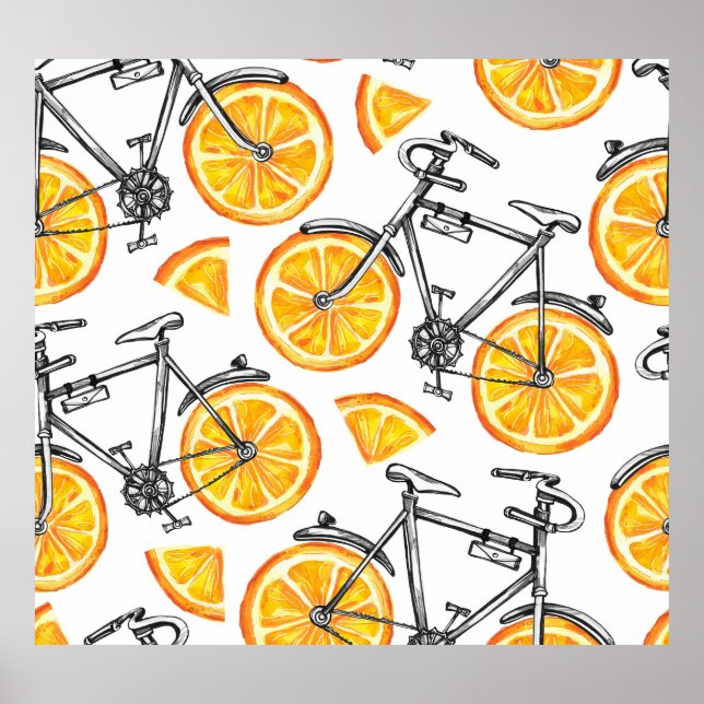Póster Naranjas de bicicleta: Patrón de verano acuarela (Frente)