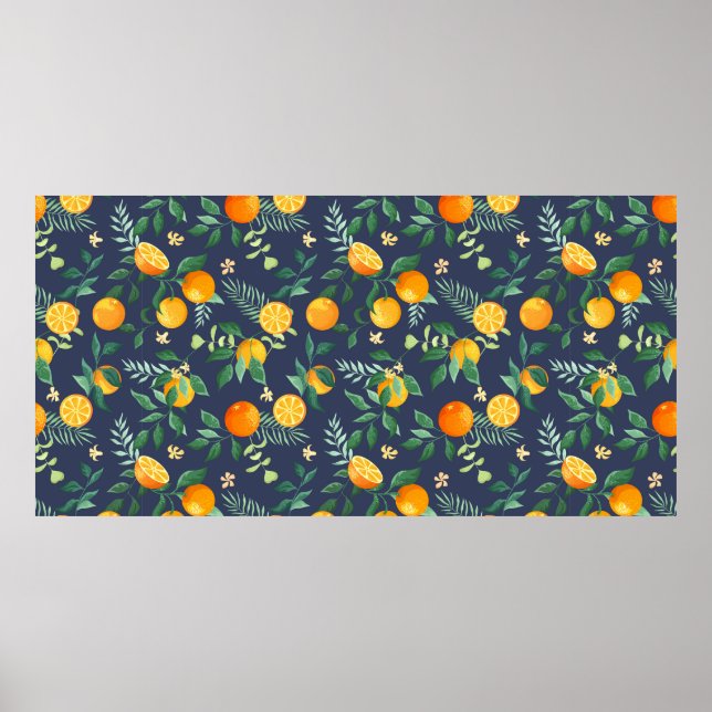 Póster Naranjas de frutas con hojas tropicales y flores s (Frente)