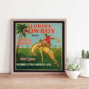 Póster Naranjas de la marca Cowboy de Florida y etiqueta 