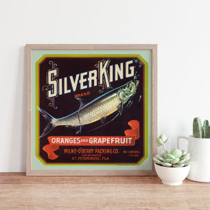 Póster Naranjas de marca Silver King y etiqueta de pomelo