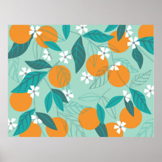 Póster Naranjas florecientes en hojas. ilustracion