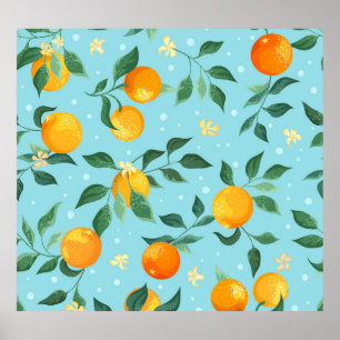 Póster Naranjas, flores: patrón sin costura textil.
