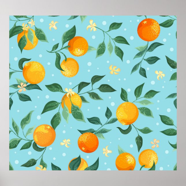 Póster Naranjas, flores: patrón sin costura textil. (Frente)