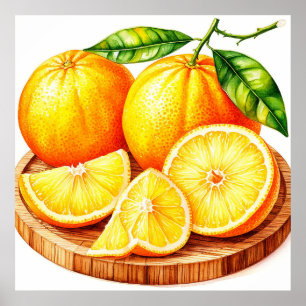 Póster Naranjas Frescas y Jugosas con Rodajas