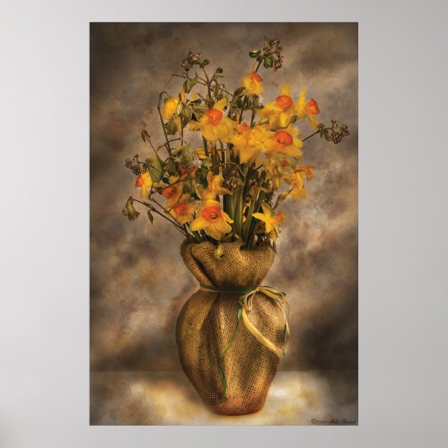 Póster Narcisos en un jarrón de arpillera (Frente)