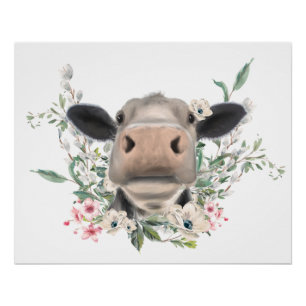Póster nariz de vaca besa flores acuarela gris animal de