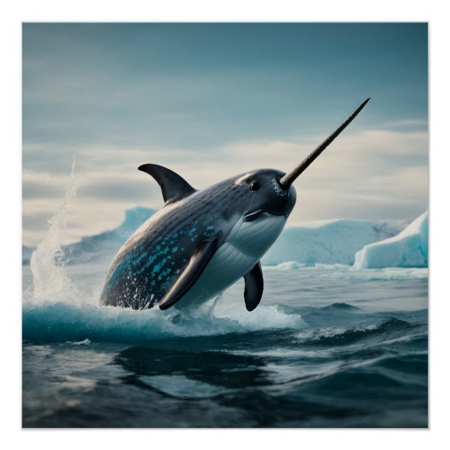 Póster Narwhal salta del agua (Anverso)