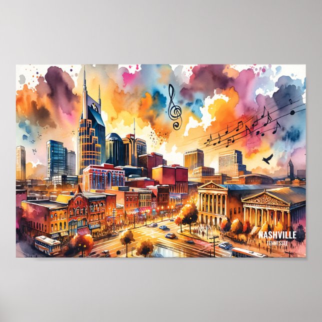 Póster Nashville Tennessee EE.UU. Lugares de viaje acuáti (Frente)