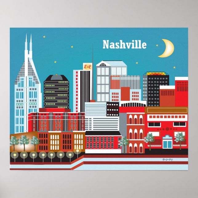 Póster Nashville, Tennessee - Ilustracion Skyline (Frente)