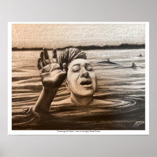 Póster Natación con tiburones, dibujo de Rachel Dolezal