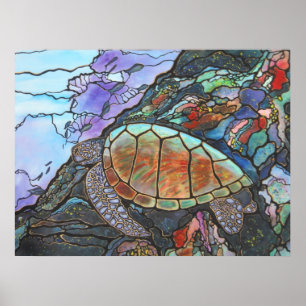 Póster Natación de la tortuga de mar por un arrecife de