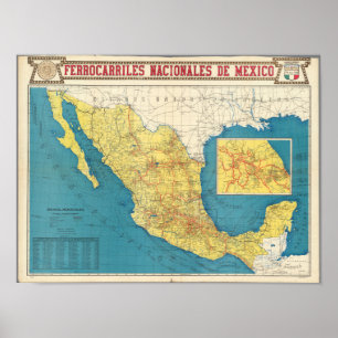 Póster National Railroads of Mexico Map