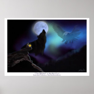 Póster Native American, Wolf, Eagle & Moon Poster