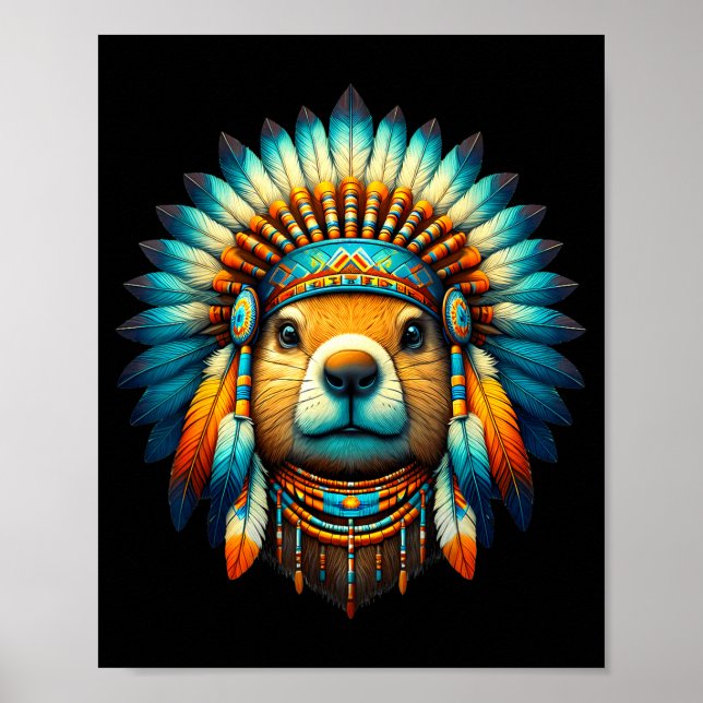 Póster Native Indian Groundhog Native American Indian Fea (Frente)