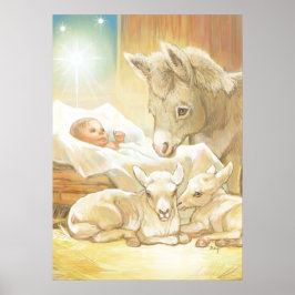 Póster Natividad del Niño Jesús con corderos y burro