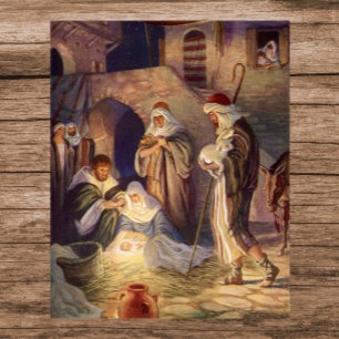 Póster Natividad navideña vintage, 3 pastores y Jesús