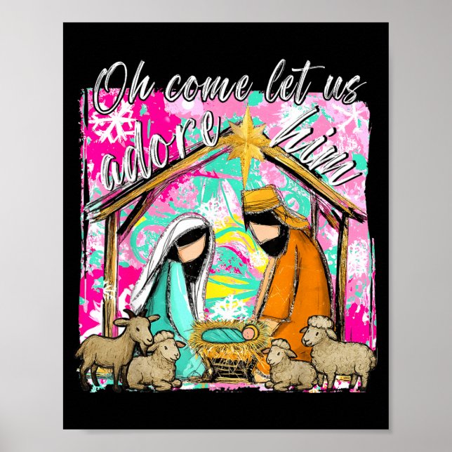 Póster Nativity Scene Oh Come Let Us Adore Him Christmas  (Frente)