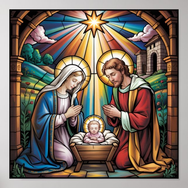 Póster Nativity Stained Glass Art – Holy Family Christmas (Frente)