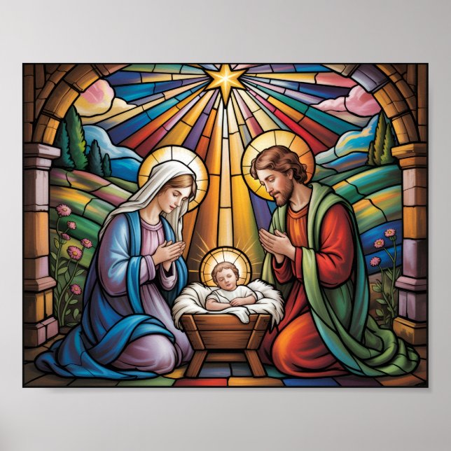 Póster Nativity Stained Glass Art – Holy Family Christmas (Frente)
