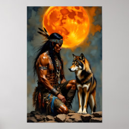 Póster Nativo americano y lobo