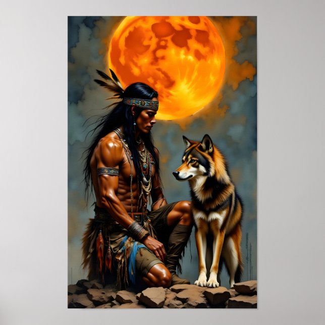 Póster Nativo americano y lobo (Frente)