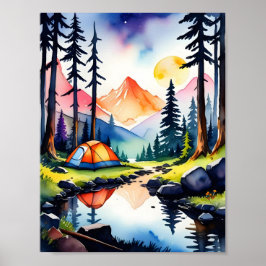 Póster Naturaleza Acuarela Sunset Mountain Lake Camping