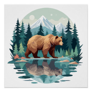 Póster Naturaleza animal de la vida salvaje del oso acuar