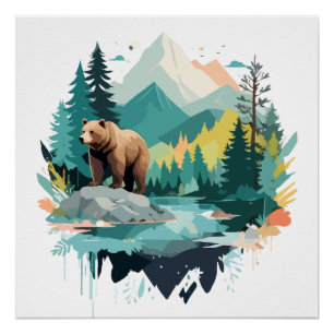 Póster Naturaleza animal de la vida salvaje del oso acuar