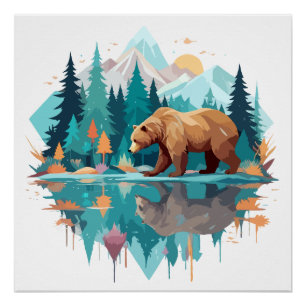 Póster Naturaleza animal de la vida salvaje del oso acuar