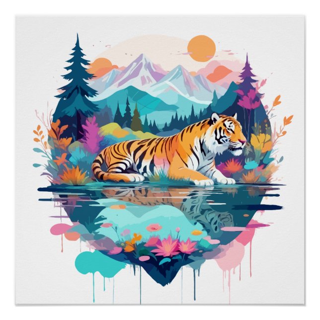 Póster Naturaleza animal de vida silvestre tigre acuarela (Anverso)