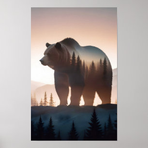Póster Naturaleza animal del oso pardo doble exposición a
