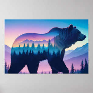 Póster Naturaleza animal del oso pardo doble exposición a