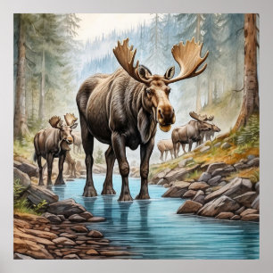 Póster *~* Naturaleza AP49 MOOSE HERD Forest STREAM