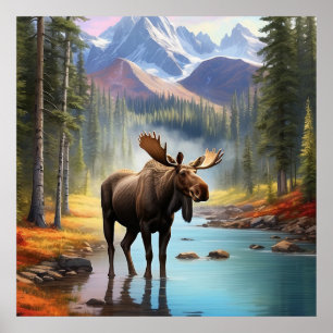 Póster *~* Naturaleza AP49 MOOSE Mountain Forest STREAM