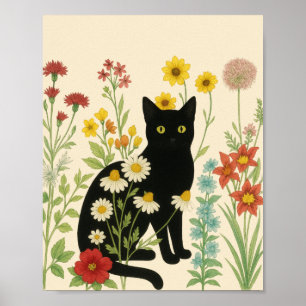 Póster Naturaleza botánica: gato negro en jardín de flore