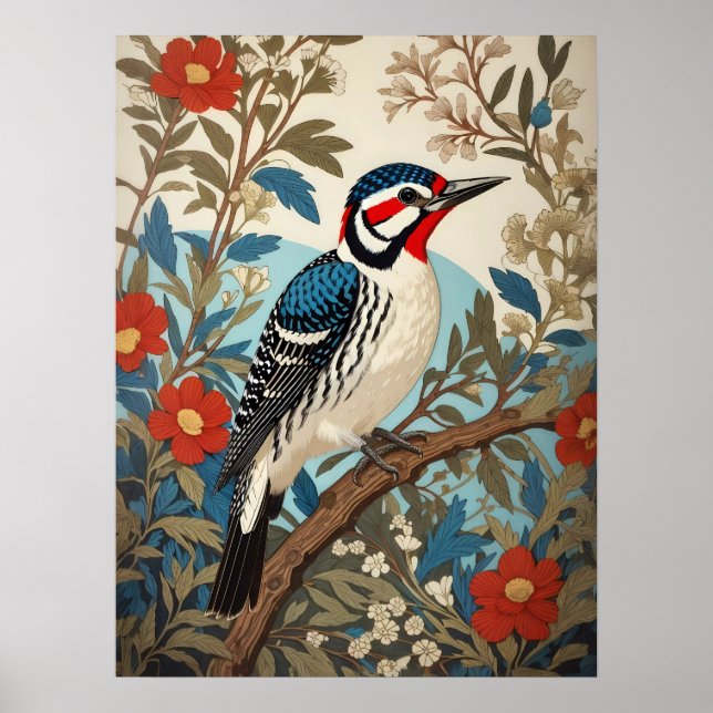 Póster Naturaleza De Carpintero Azul Y Rojo Inspirado Ave (Frente)