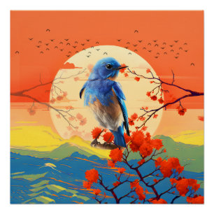 Póster Naturaleza Japonesa Moderna Pájaro En Flor Escenar