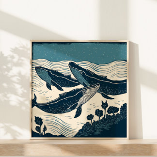 Póster Naturaleza marina del mar de ballenas Linocut Nuev