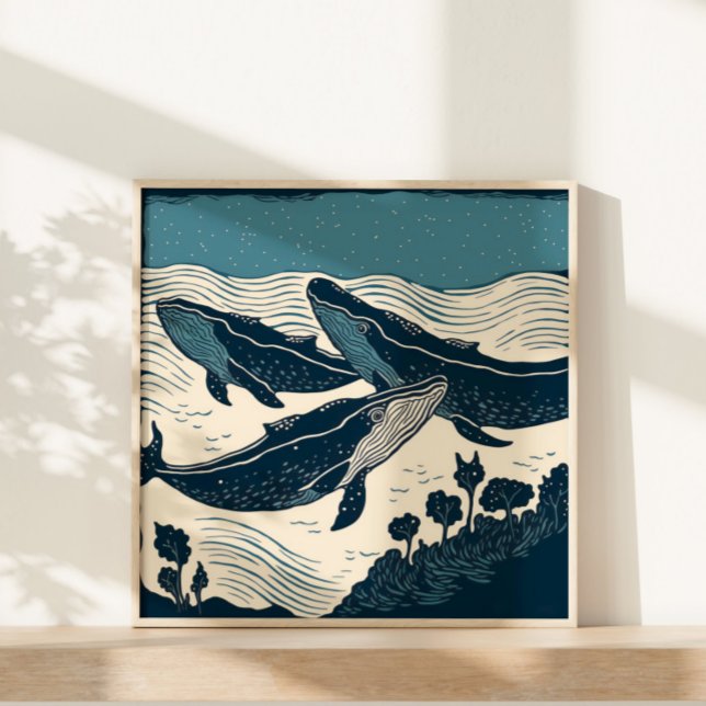 Póster Naturaleza marina del mar de ballenas Linocut Nuev (A small print perfect for small spaces.)