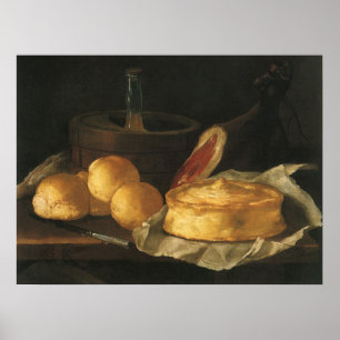 Póster Naturaleza muerta barroca vintage con pan, tarta,