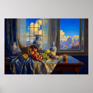 Póster Naturaleza muerta con ventana azul y picos distant
