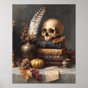 Póster Naturaleza muerta de Dark Academia con calavera