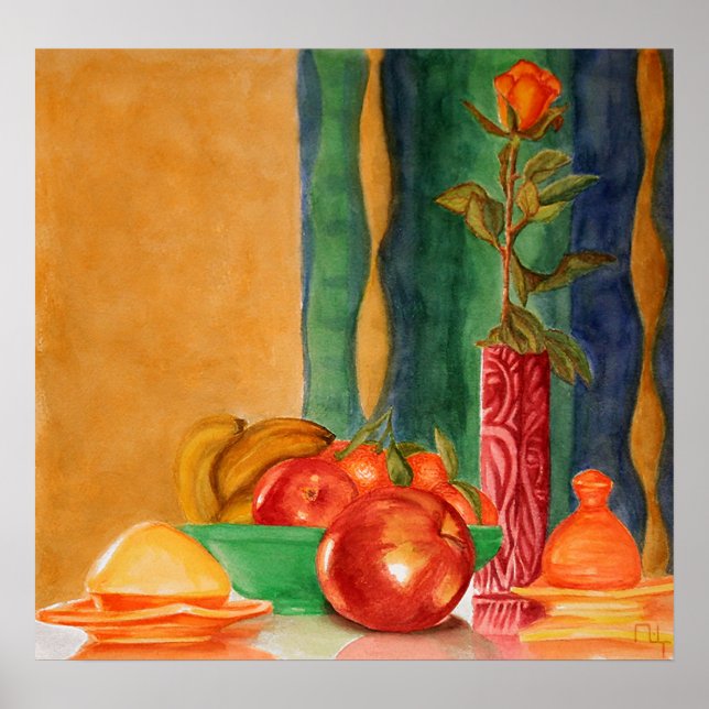 Póster naturaleza muerta de rosas y frutas (Frente)