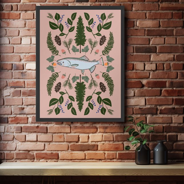 Póster Naturaleza Salmon PNW Fir Ferries Forraje (Salmon PNW Nature Fir Ferns Berries Forest Forage Poster)