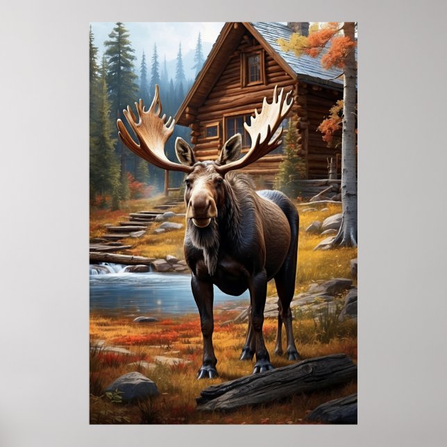 Póster *~* Nature Cabin STREAM AP49 Bosque MOOSE (Frente)